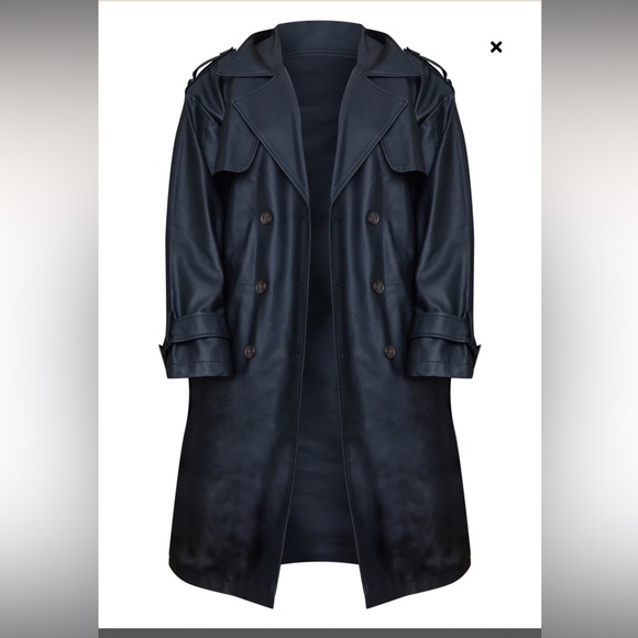 Plus Black Faux Leather Statement Buckle Trench Coat - Picture 4 of 10